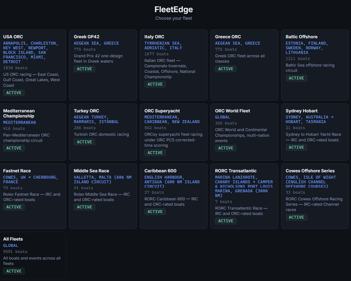 FleetEdge fleet selector showing available fleets across multiple countries and racing circuits