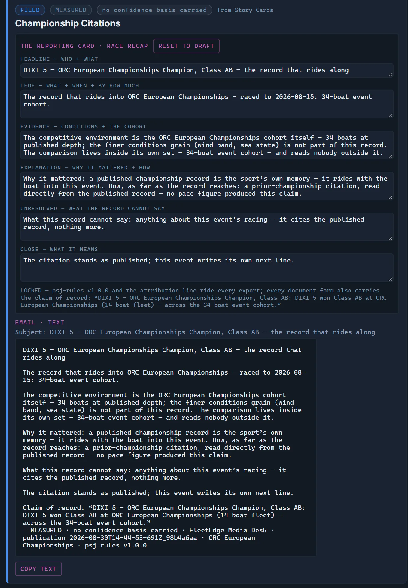 Media Desk publish screen: the reporting card for a filed story — the editable press-story form with locked attribution, and the composed email text carrying the claim of record and its stamp